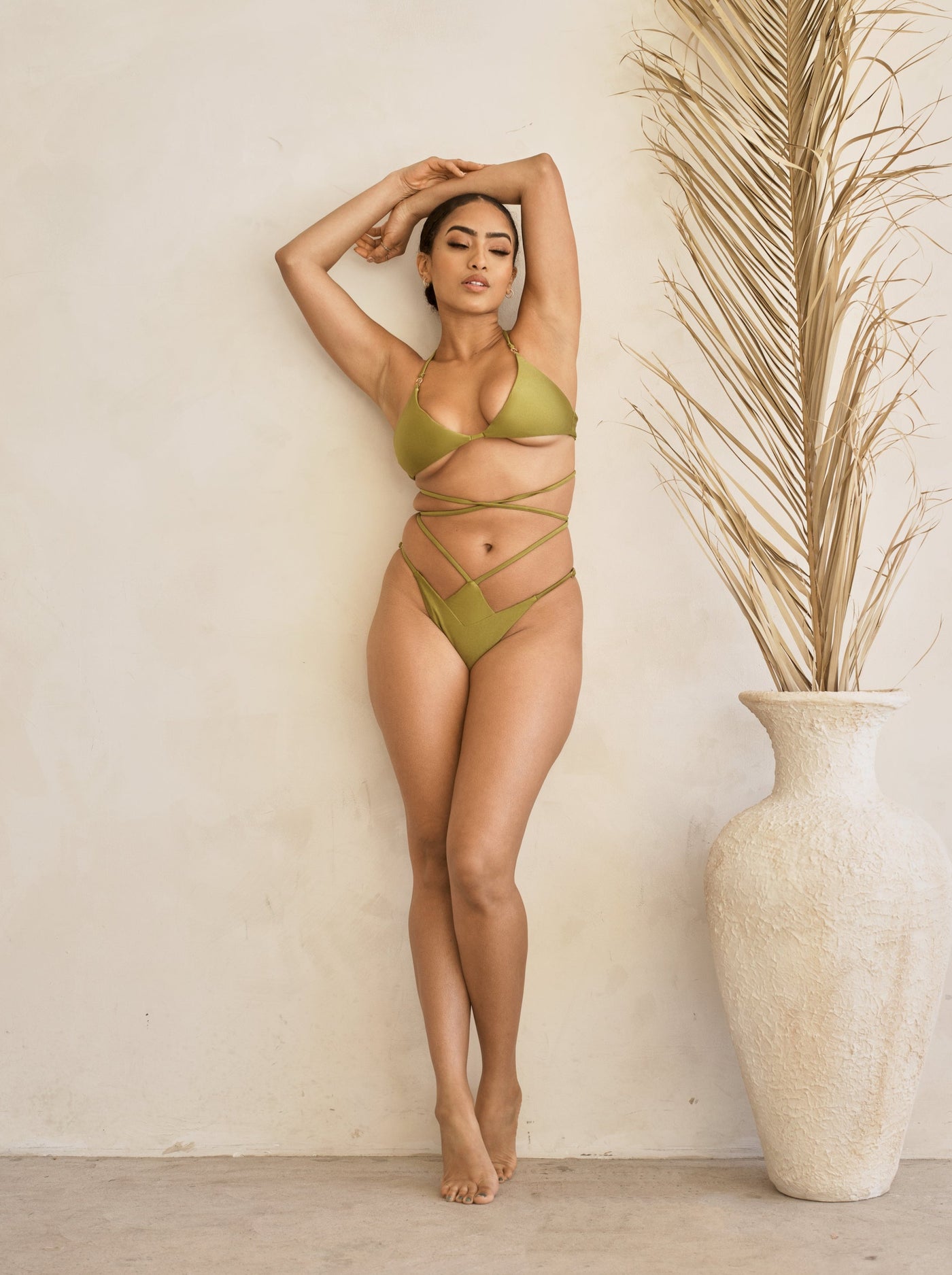 MBM Swim by Marcia B Maxwell model wearing Olive Green bikini Charm top and Desire bottoms #color_olive