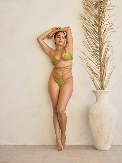 MBM Swim by Marcia B Maxwell model wearing Olive green bikini Charm top and Desire bottoms #color_olive