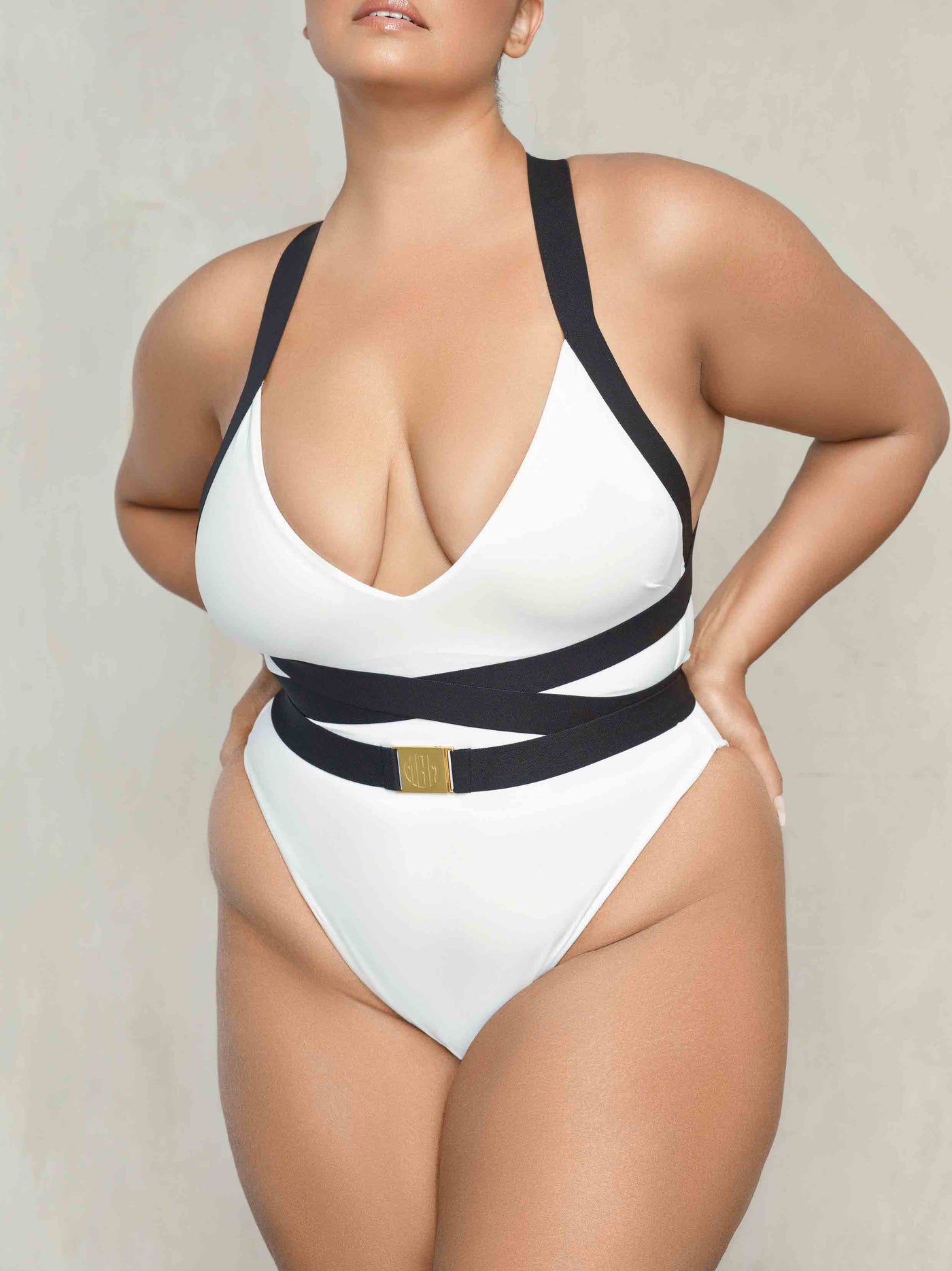 MBM Swim by Marcia B Maxwell black and white one-piece swimsuit tummy control monokini Plus size curvy model #color_white