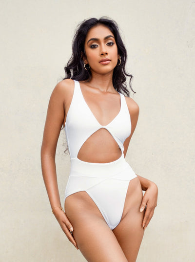MBM swim by Marcia B Maxwell white One-piece swimsuit on Indian model #color_white