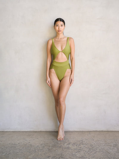 MBM Swim by Marcia B Maxwell olive green one-piece swimsuit monokini on Asian model #color_olive