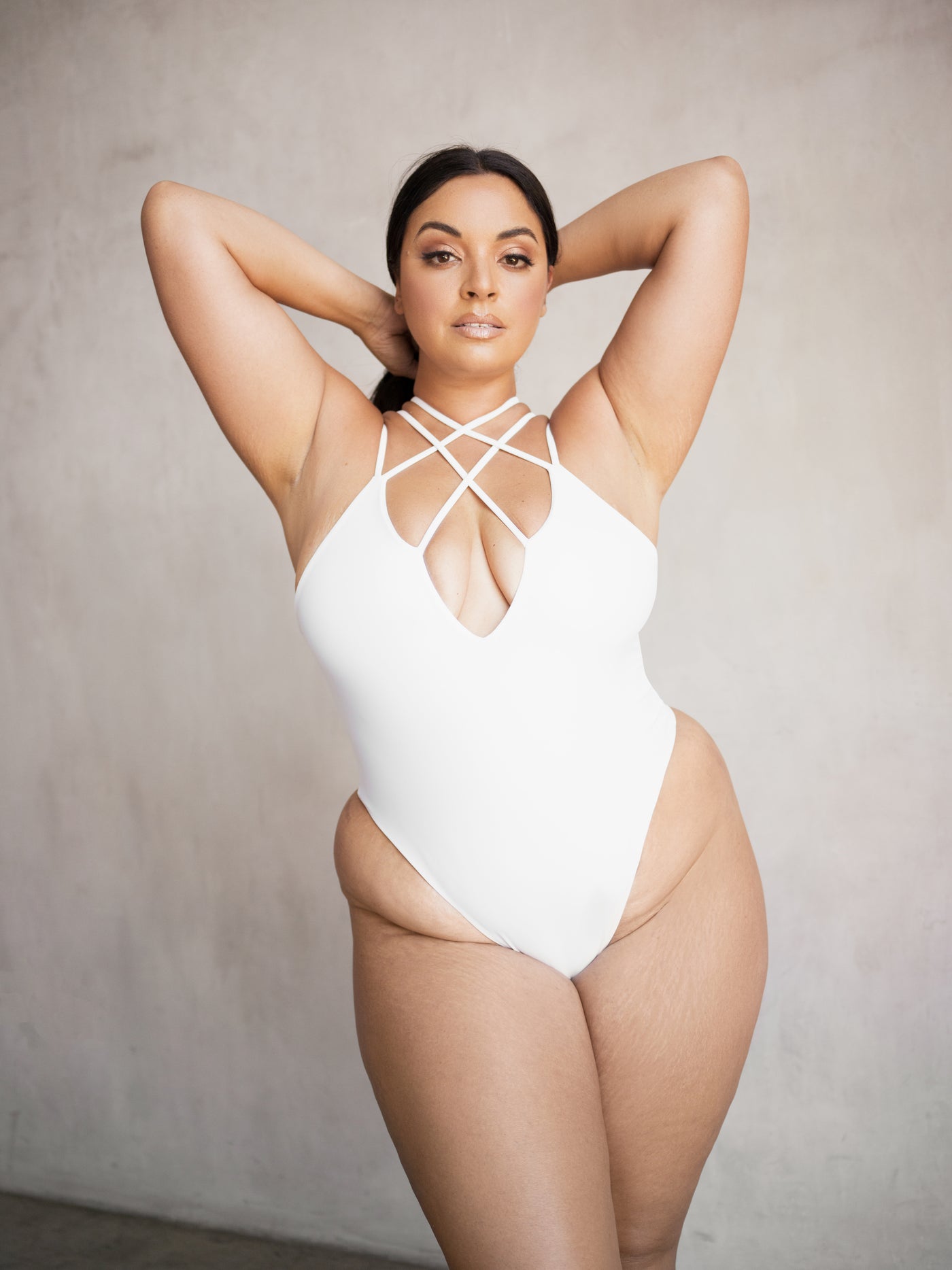 MBM swim by Marcia B Maxwell Piece white one-piece monokini swimsuit on Plus size model #color_white