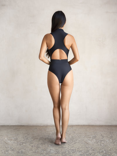 MBM swim by Marcia B Maxwell Dream Black one-piece monokini swimsuit with zipper on asian model #color_black