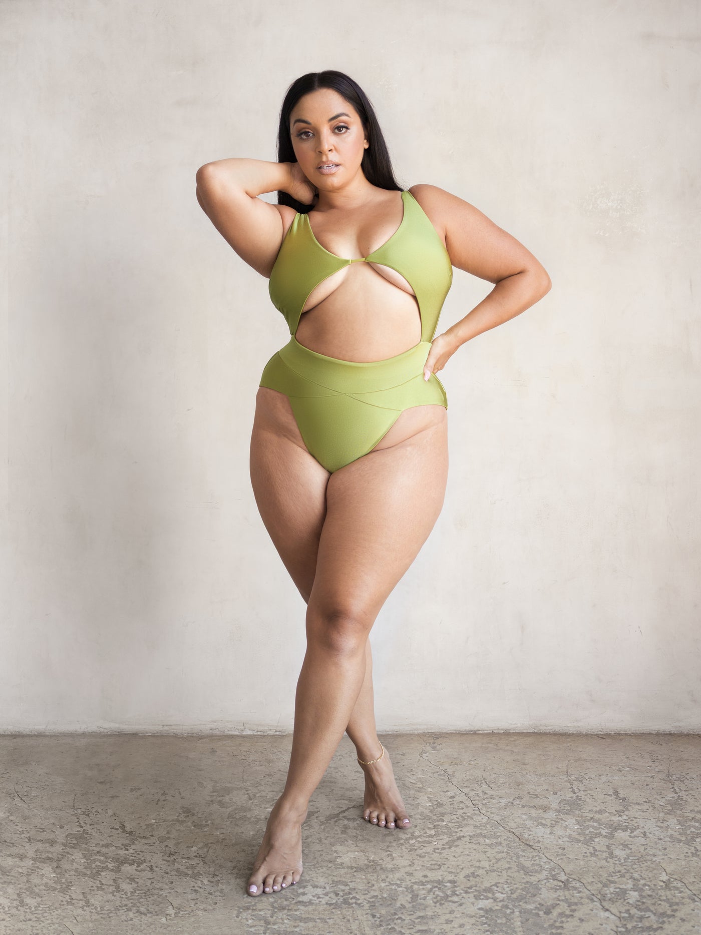 MBM Swim by Marcia B Maxwell olive green one-piece swimsuit monokini on plus size model #color_olive
