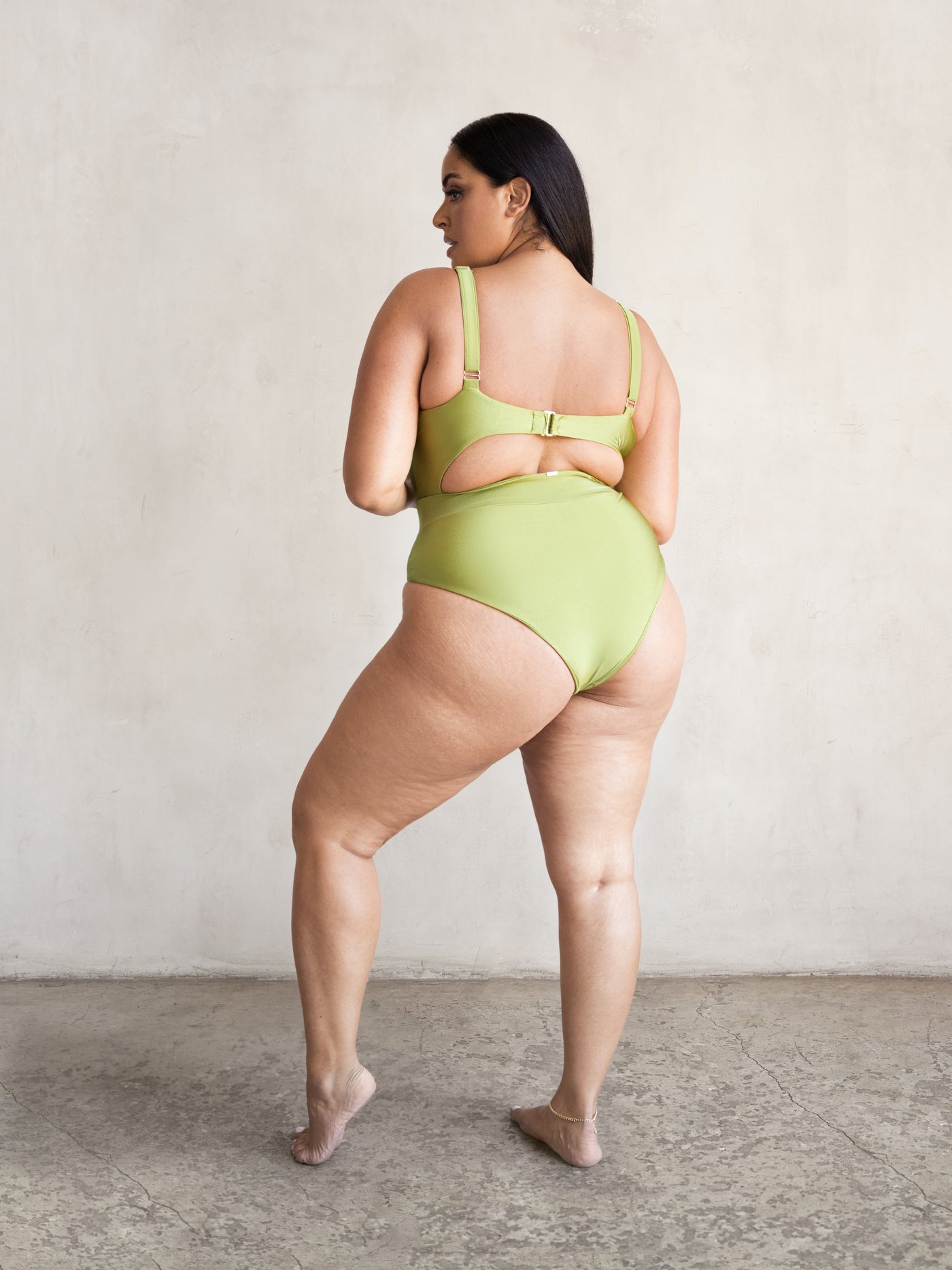 MBM Swim by Marcia B Maxwell olive green one-piece swimsuit monokini on plus size model #color_olive