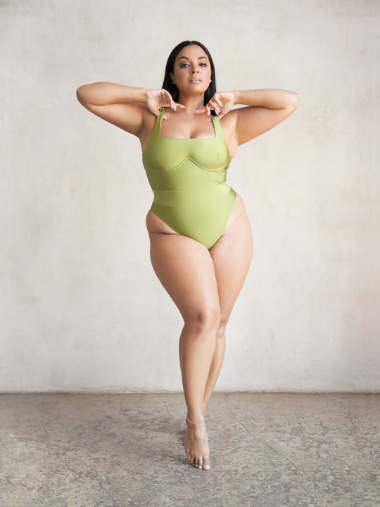 MBM Swim by Marcia B Maxwell Hope one-piece monokini swimsuit olive green on plus size curvy modal #color_olive