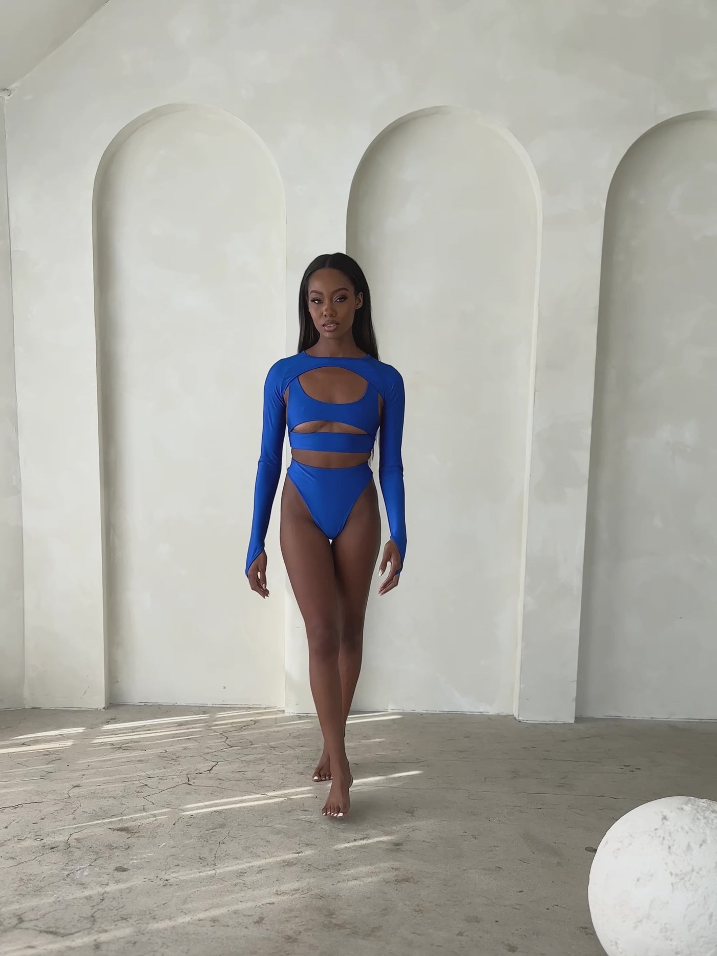 MBM Swim By Marcia B Maxwell model wearing cobalt blue bikini Chance top and Wish bottom with Trigger shrug #color_cobalt